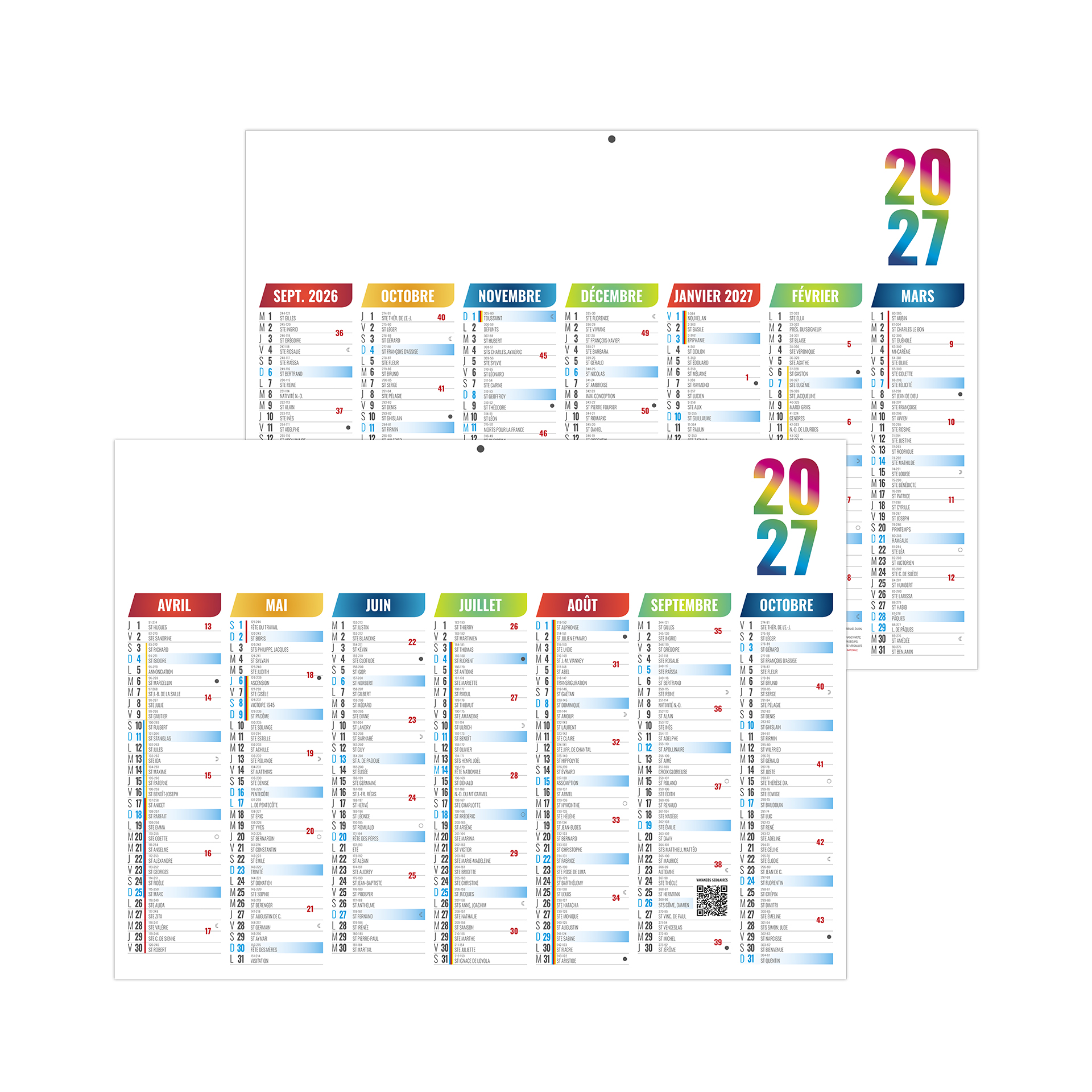 Scolaire arlequin 2027 – Calendrier avec logo
