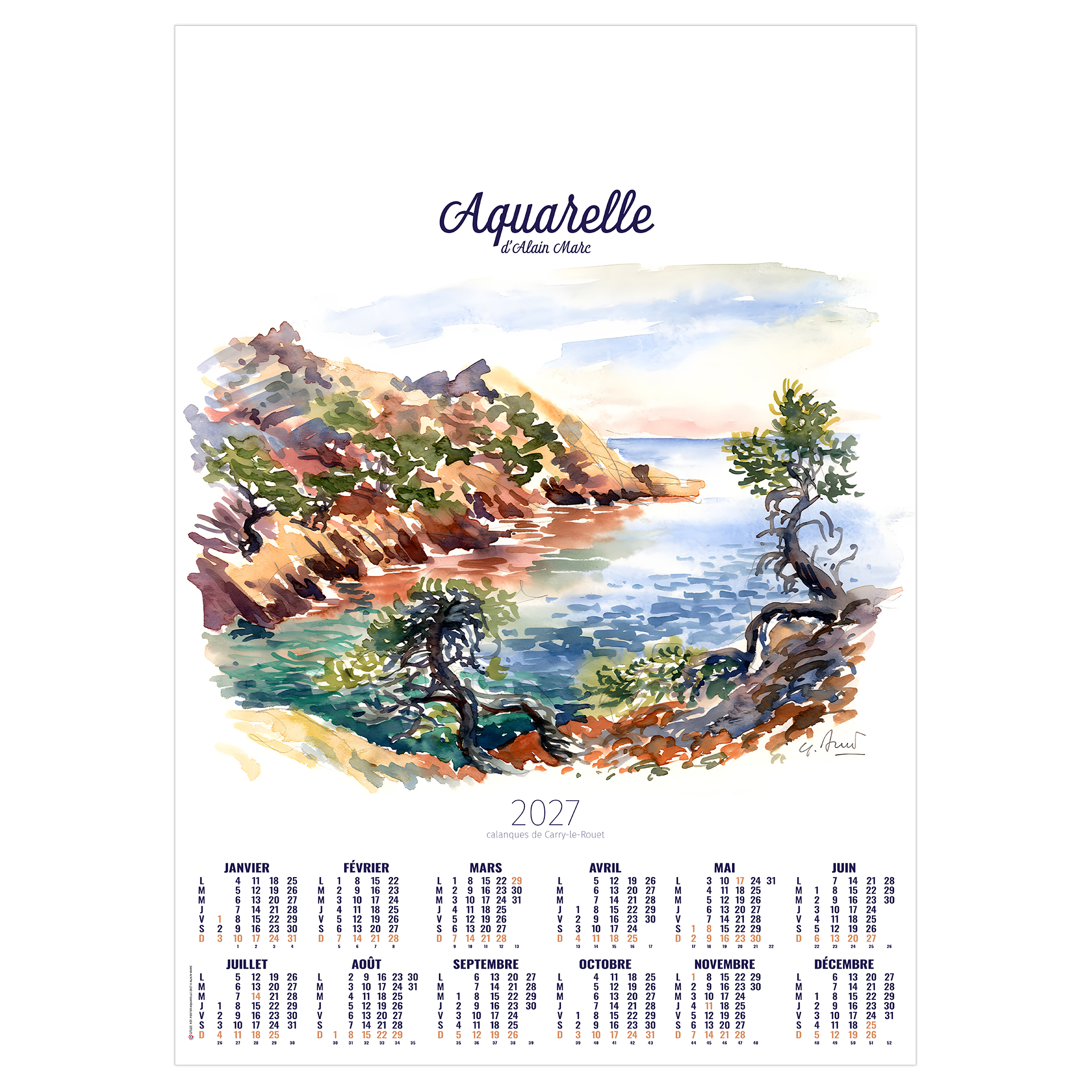 Aquarelle 2027 — calendrier 2027 personnalisé La Roche-sur-Yon
